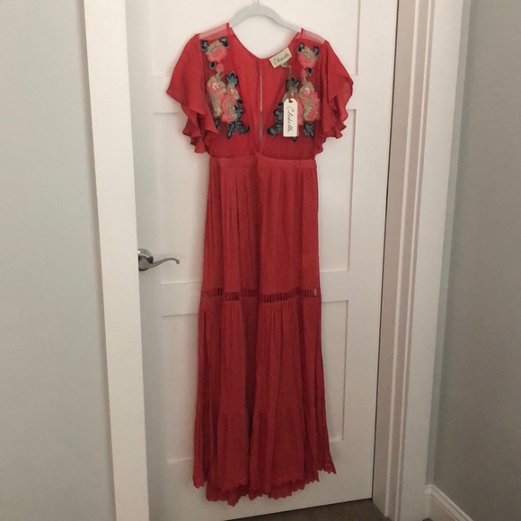 Cleobella Dresses & Skirts - Cleobella Red Maxi Dress with Floral Embroidery